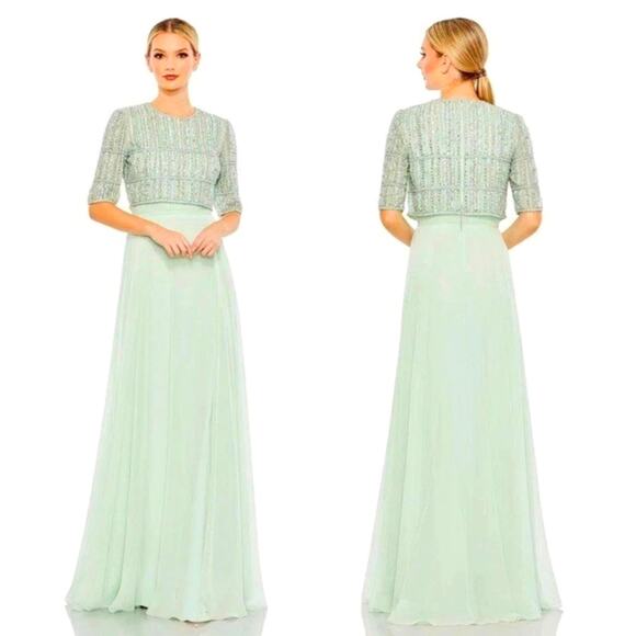 Mac Duggal  Green Chiffon Gown w/ Fully Beaded 3/4 Sleeves Size 16 - Picture 1 of 16